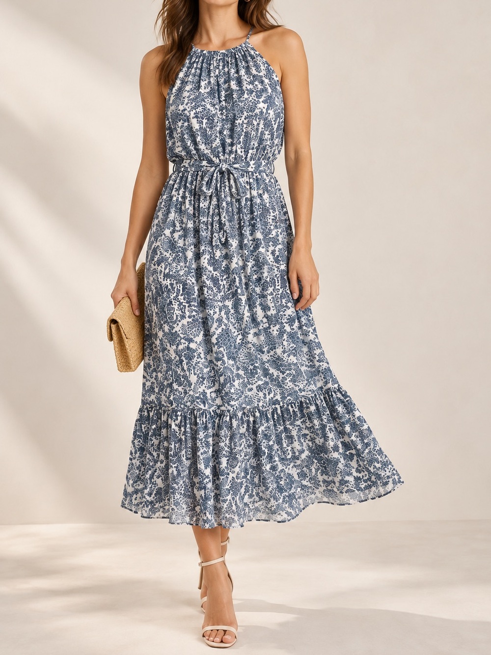 Chelsea28 Abstract Print Halter Ruffle Maxi Dress XL Blue Ivory